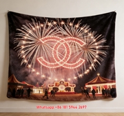 Luxury Chanel CC Logo Fireworks Flannel Throw Blanket  Carnival Night Print IMG_7201